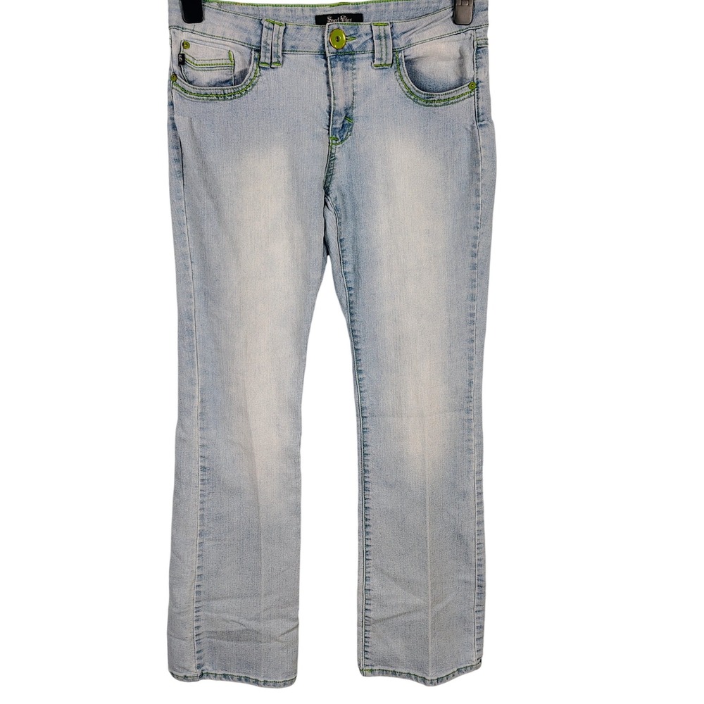 Womens SZ 11 South Pole Jeans Blue Neon Green Contrast Stitch Y2K Cybercore